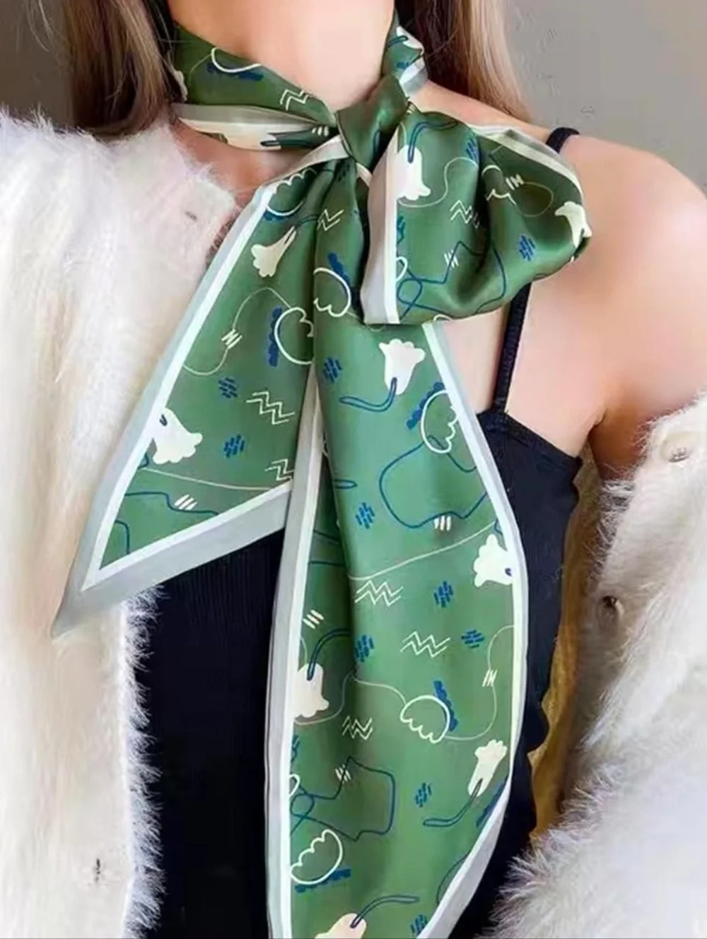 NWT Sage Green Silky Satin Skinny Scarf Abstract Floral Twilly 60